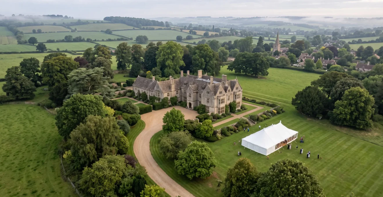 Wide aerial-style editorial photograph of a grand British country estate at golden hour with a wedding marquee visible in the grounds below