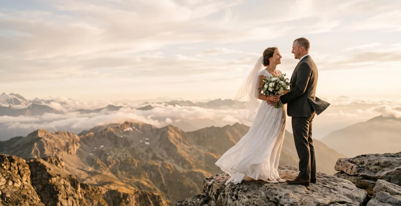 A wedding couple standing at a dramatic alpine mountain summit at golden hour, framed by clouds and peaks