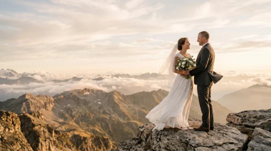 A wedding couple standing at a dramatic alpine mountain summit at golden hour, framed by clouds and peaks