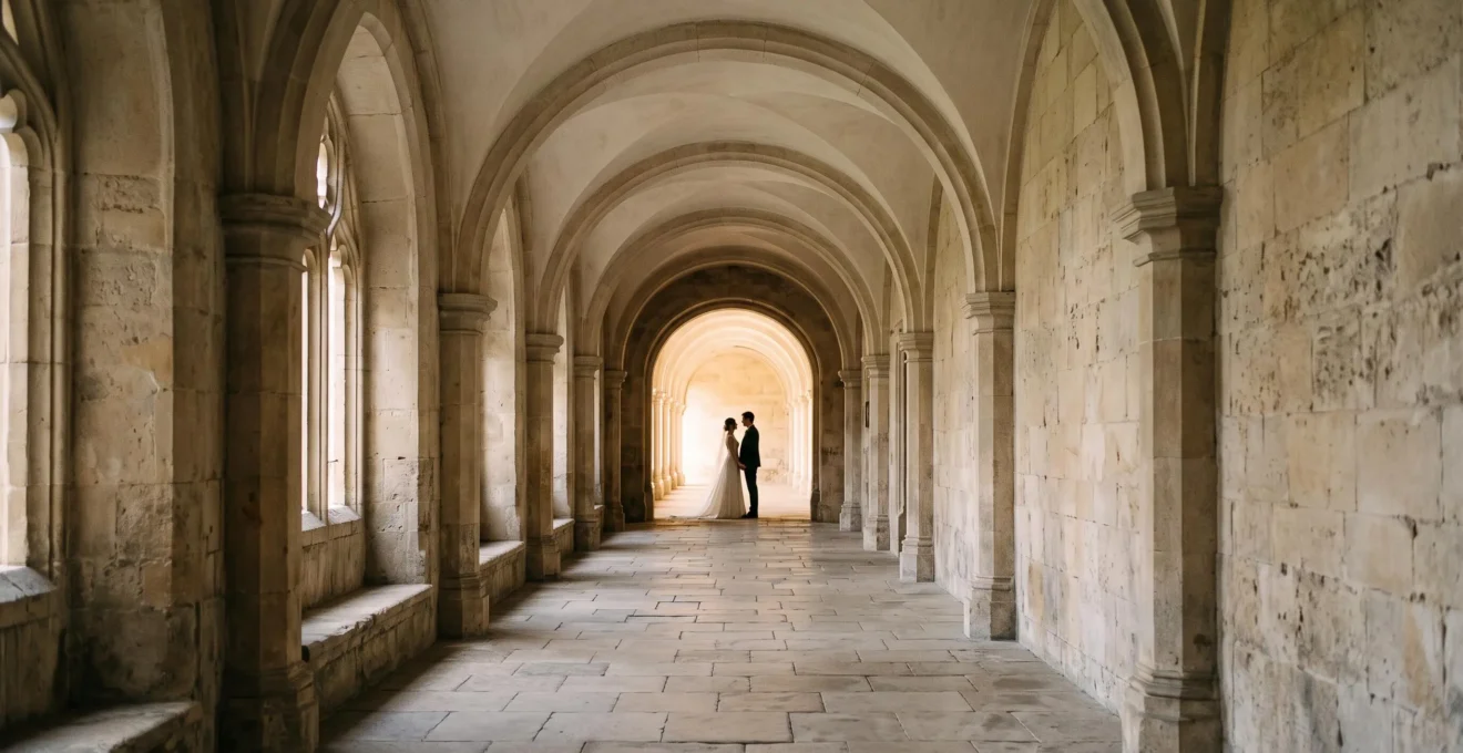 Wide symmetrical hallway with stone archways creating leading lines toward a couple silhouetted in the distance at a grand wedding venue