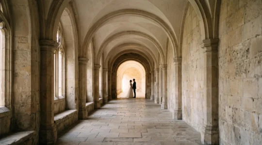 Wide symmetrical hallway with stone archways creating leading lines toward a couple silhouetted in the distance at a grand wedding venue