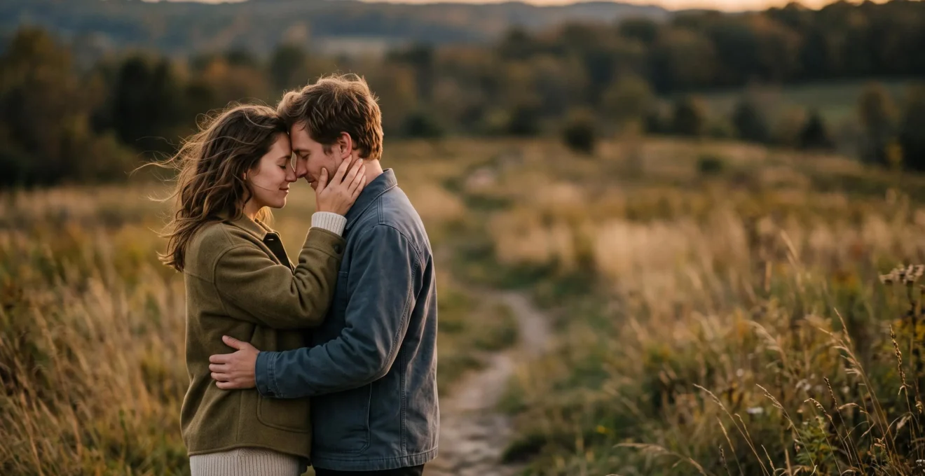 A couple embracing intimately outdoors during golden hour, captured in a candid, authentic moment