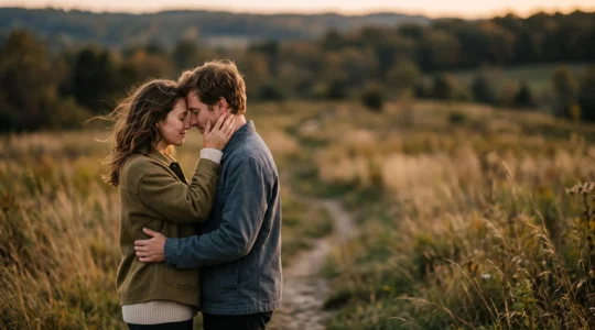 A couple embracing intimately outdoors during golden hour, captured in a candid, authentic moment