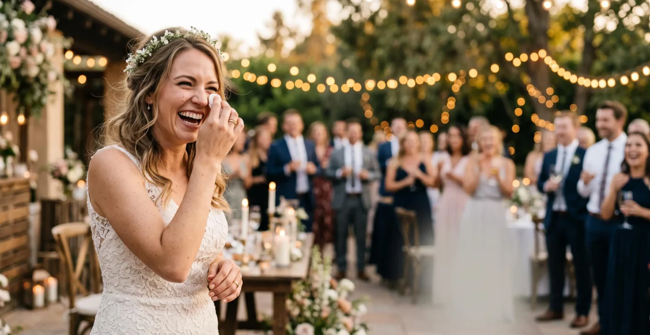 Candid moment of a bride's unguarded genuine laughter contrasted with the composed elegance of a formal wedding portrait