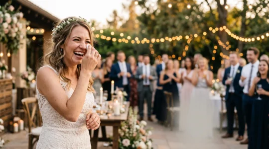 Candid moment of a bride's unguarded genuine laughter contrasted with the composed elegance of a formal wedding portrait