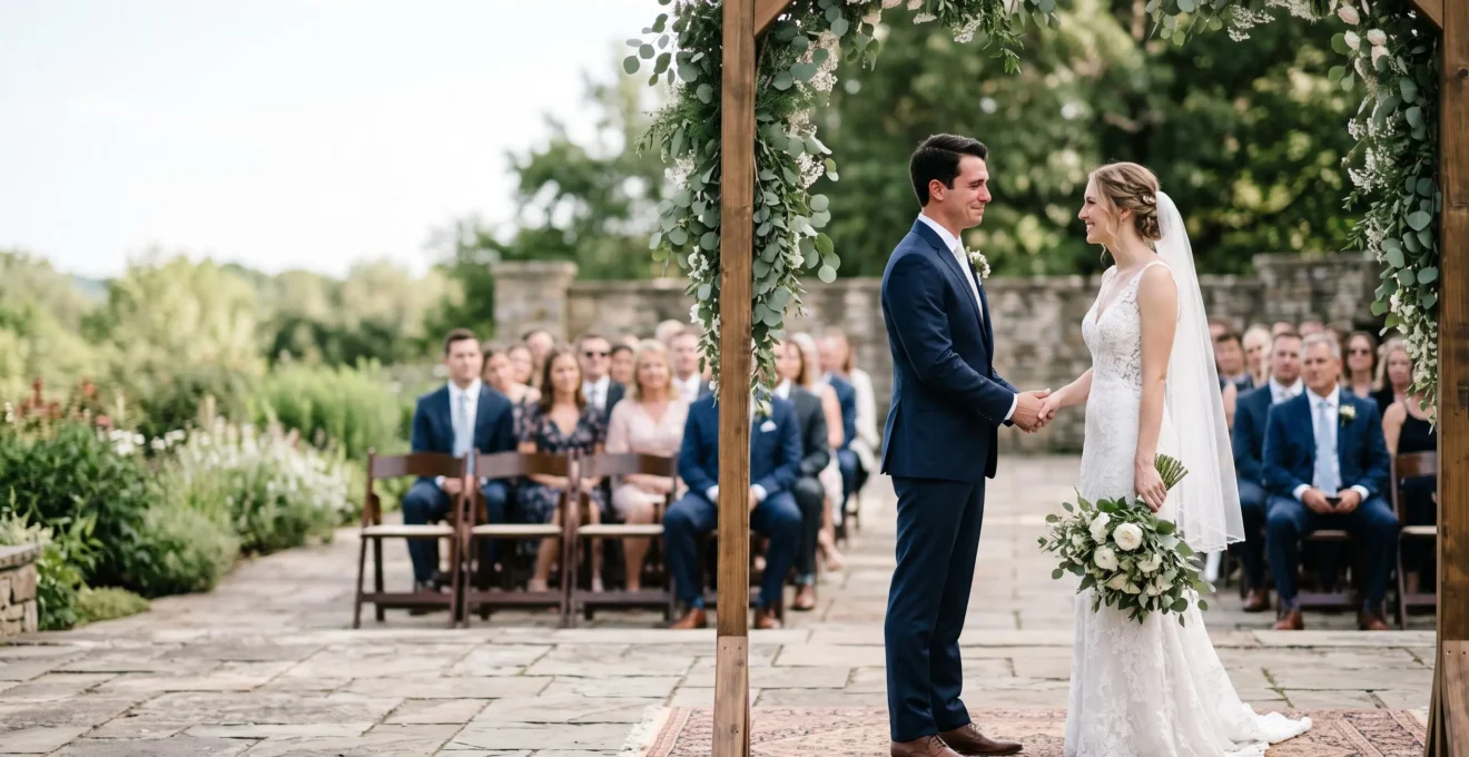 Wide editorial photograph of a bride and groom sharing an unguarded emotional glance during their wedding ceremony, with soft negative space around them