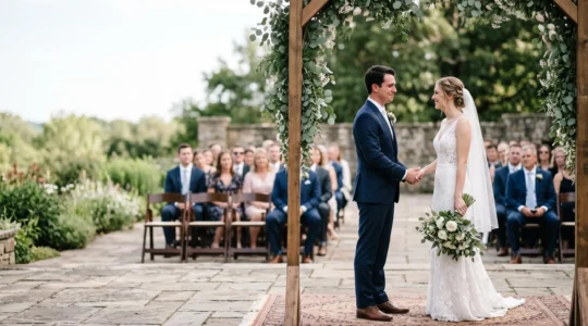 Wide editorial photograph of a bride and groom sharing an unguarded emotional glance during their wedding ceremony, with soft negative space around them