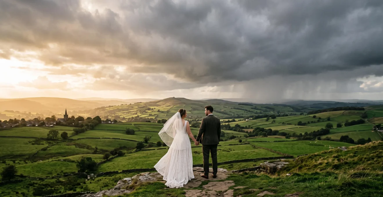 Bride and groom standing together as a dramatic British sky transitions between sunlight and rain clouds