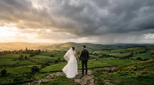 Bride and groom standing together as a dramatic British sky transitions between sunlight and rain clouds