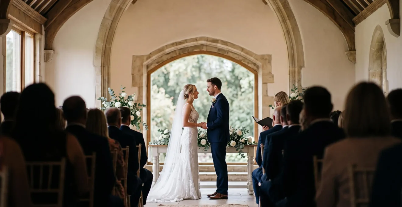 Wide editorial photograph of a couple exchanging wedding vows at an altar, captured with compressed telephoto framing and soft foreground silhouettes of seated guests