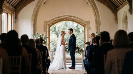 Wide editorial photograph of a couple exchanging wedding vows at an altar, captured with compressed telephoto framing and soft foreground silhouettes of seated guests