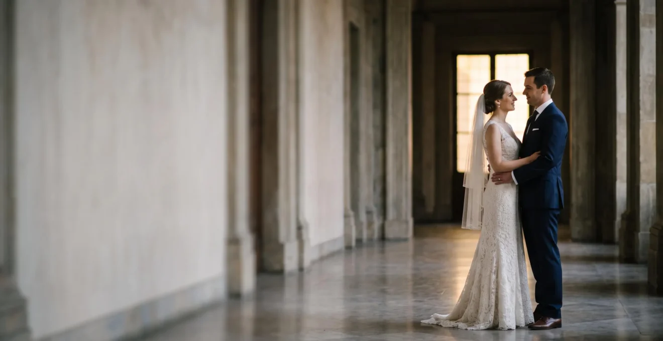 Wide cinematic wedding portrait with shallow depth of field resembling a film still