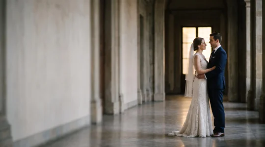 Wide cinematic wedding portrait with shallow depth of field resembling a film still