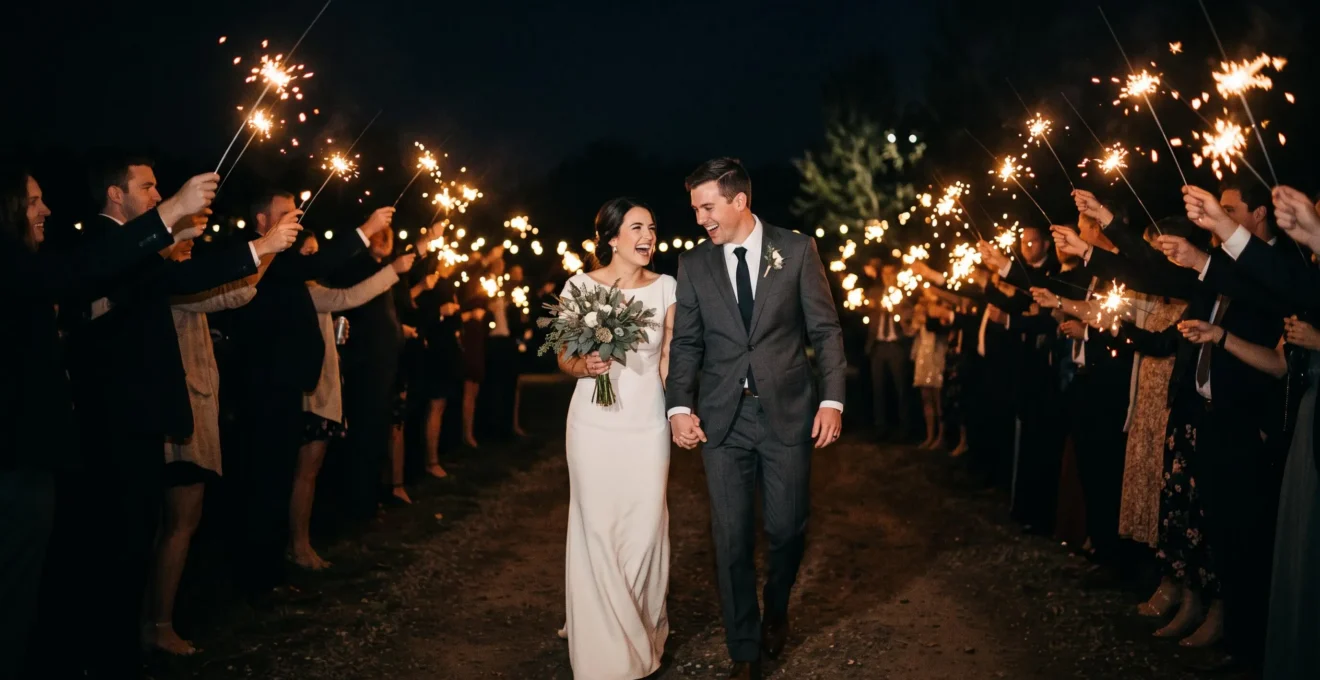 Newlywed couple walking through a glowing sparkler tunnel, sharply frozen while golden light trails swirl around them