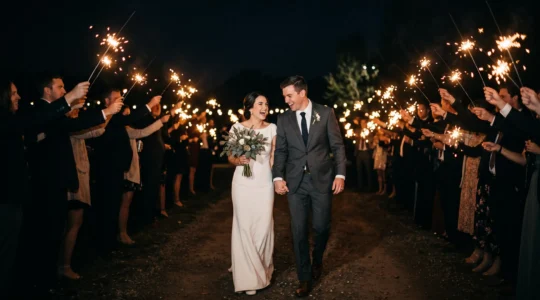 Newlywed couple walking through a glowing sparkler tunnel, sharply frozen while golden light trails swirl around them
