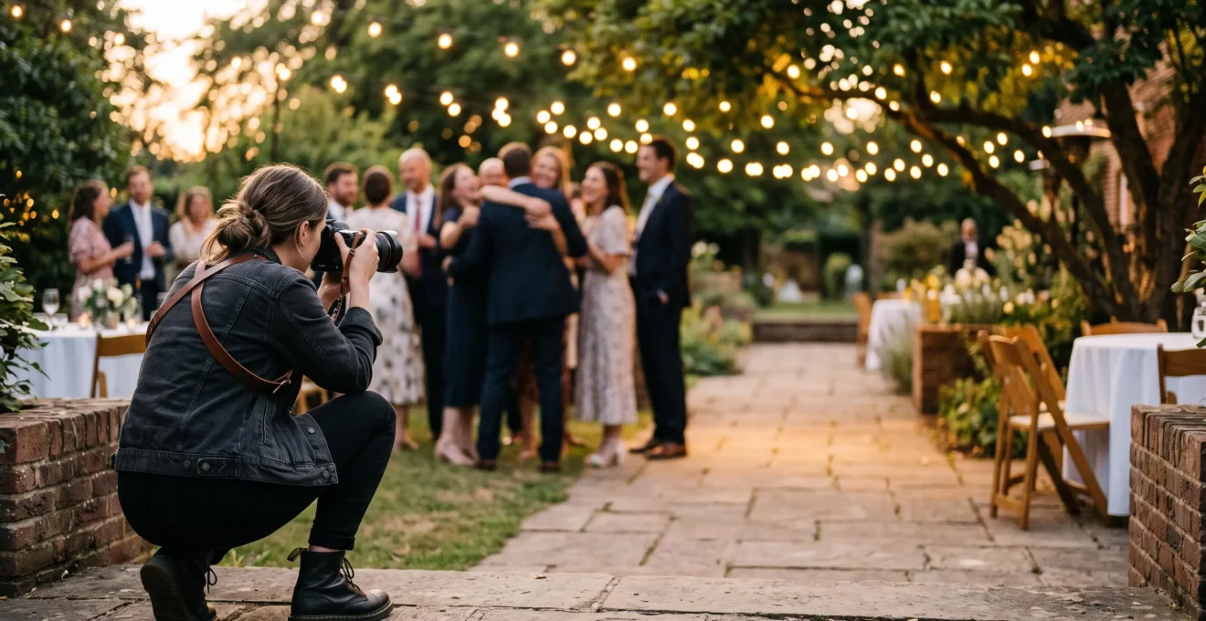 A documentary wedding photographer quietly observing a candid emotional moment between guests at an outdoor reception