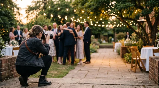 A documentary wedding photographer quietly observing a candid emotional moment between guests at an outdoor reception