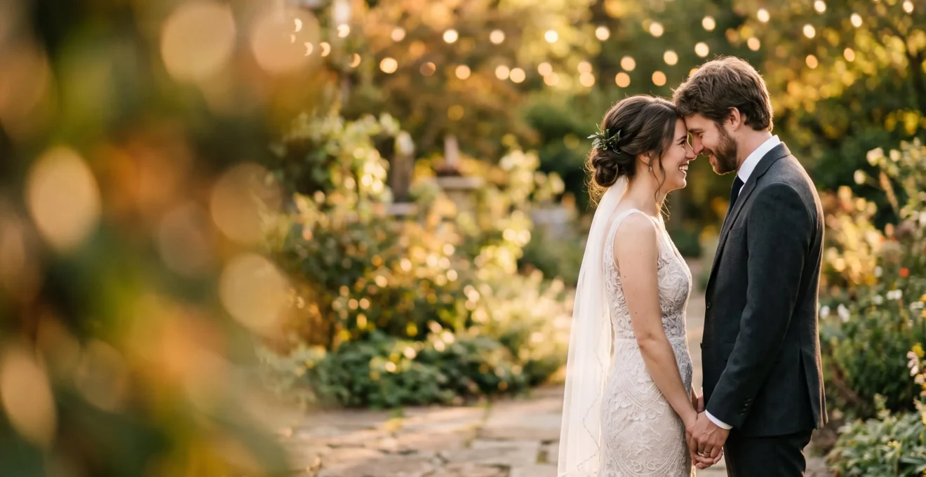 Bride and groom silhouetted in warm golden light with a richly blurred, dreamy background separating them from the scene