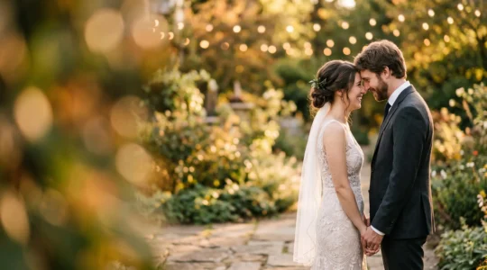 Bride and groom silhouetted in warm golden light with a richly blurred, dreamy background separating them from the scene