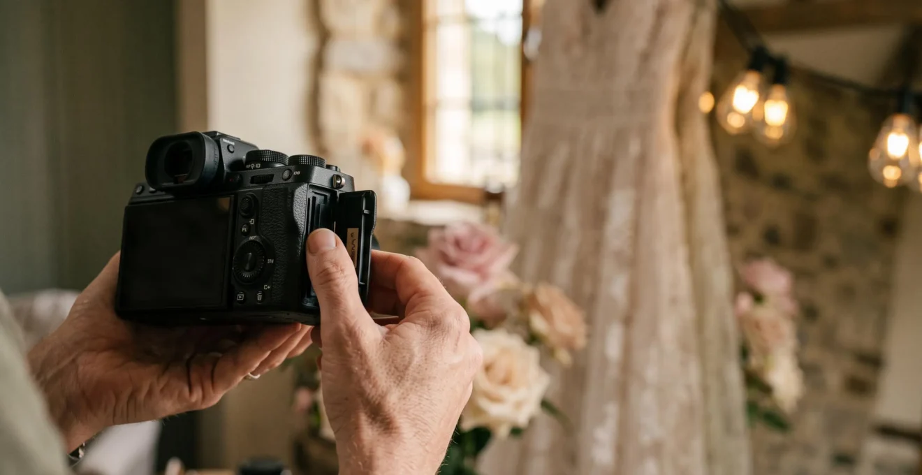Professional wedding photographer's camera showing dual memory card slots open, symbolizing data redundancy and security