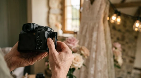 Professional wedding photographer's camera showing dual memory card slots open, symbolizing data redundancy and security