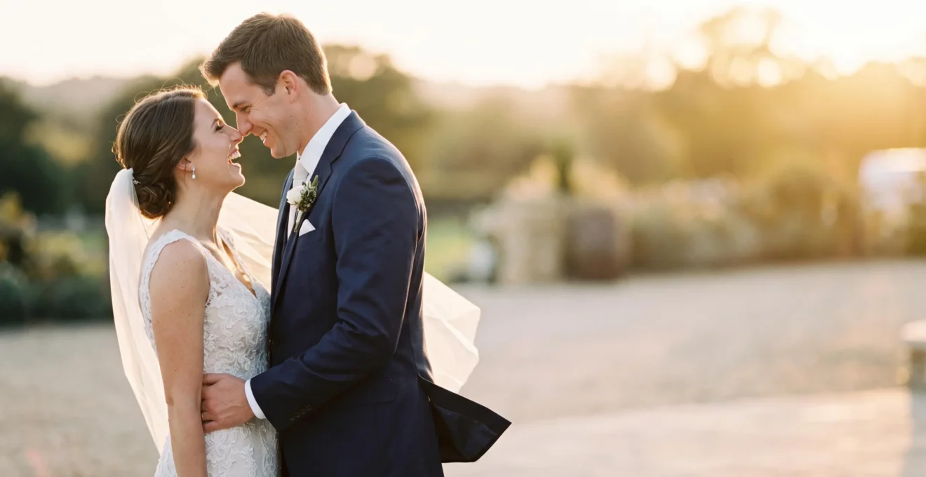 A couple in elegant wedding attire sharing an intimate, laughing moment lit by warm golden-hour sunlight, styled like a high-fashion magazine editorial