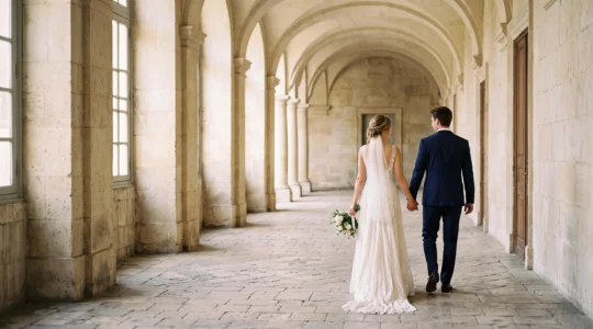 A wedding couple captured in a quiet, cinematic moment that reflects an editorial, magazine-style approach to wedding photography