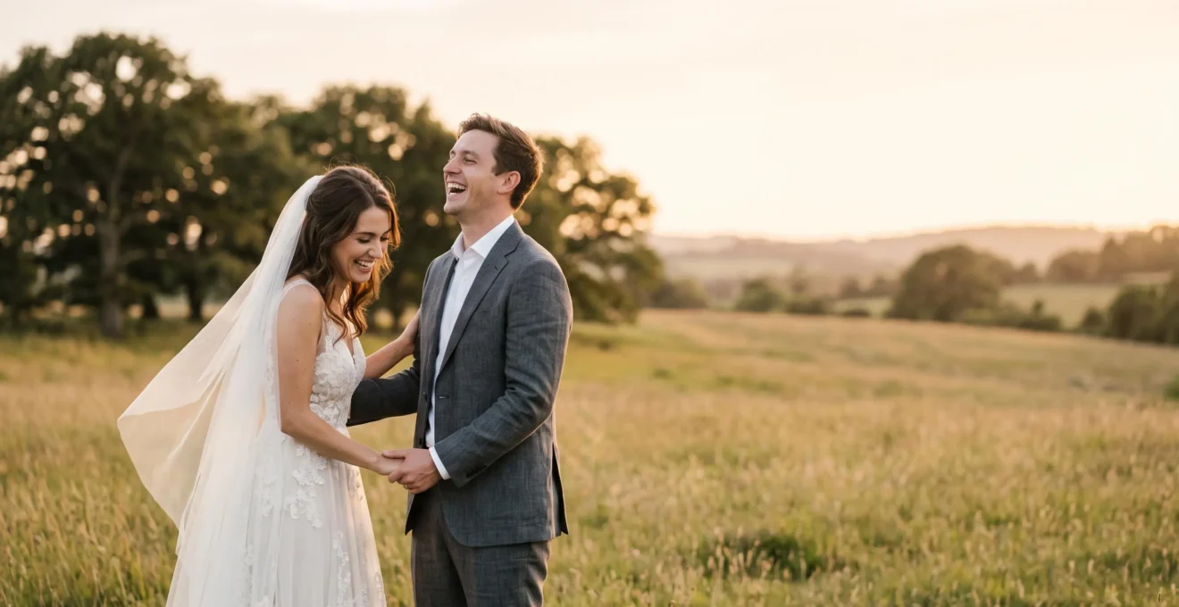 A newlywed couple laughing together during a quick golden-hour portrait session, photographed in a wide editorial composition with open negative space