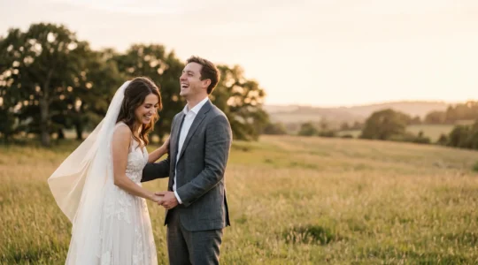 A newlywed couple laughing together during a quick golden-hour portrait session, photographed in a wide editorial composition with open negative space