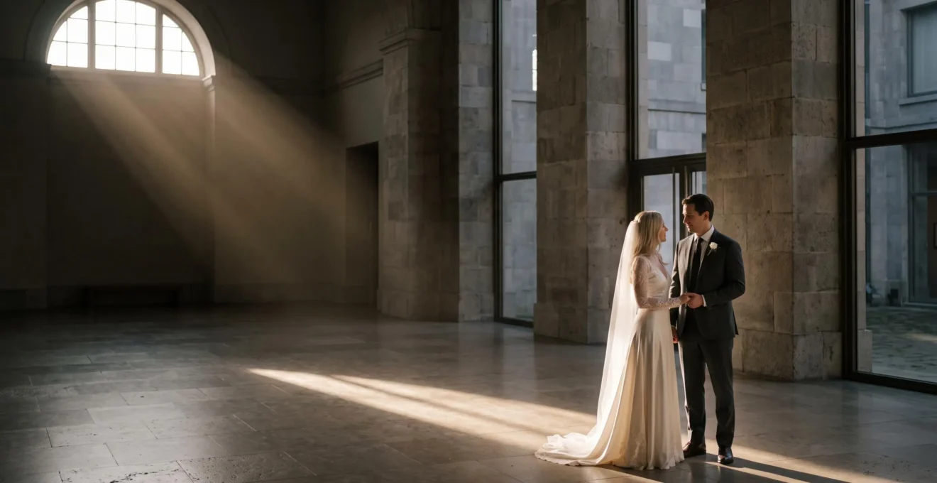 A bride and groom standing in soft directional light inside a grand, gallery-like interior, composed with generous negative space in an editorial, museum-quality style