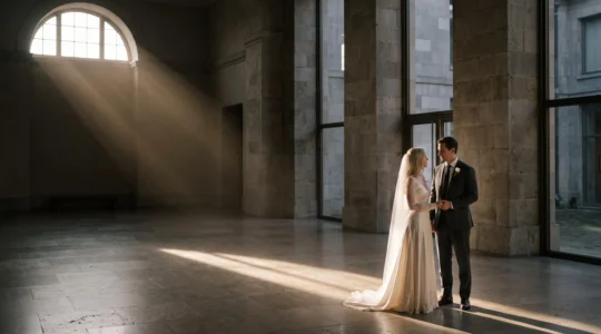 A bride and groom standing in soft directional light inside a grand, gallery-like interior, composed with generous negative space in an editorial, museum-quality style