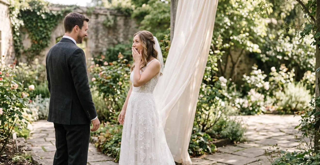 A bride and groom sharing an emotional first look moment in soft natural light, photographed from a respectful distance