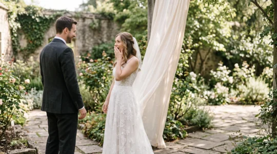 A bride and groom sharing an emotional first look moment in soft natural light, photographed from a respectful distance