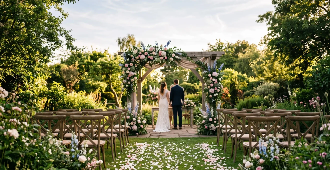 Wide editorial photograph of a garden wedding ceremony bathed in warm natural light with lush botanical surroundings