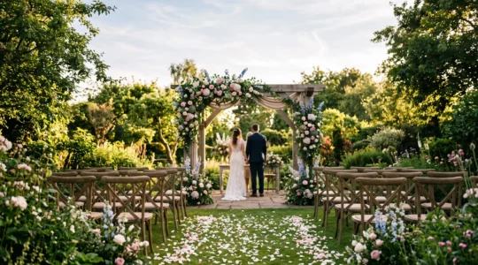 Wide editorial photograph of a garden wedding ceremony bathed in warm natural light with lush botanical surroundings