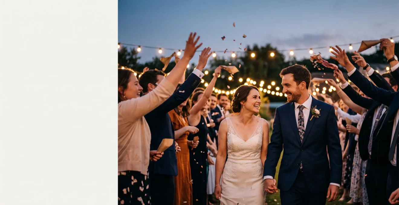 Bride and groom walking hand in hand through a cheering crowd of guests during a joyful wedding grand exit at dusk
