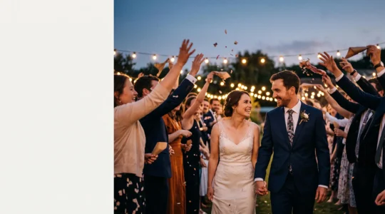 Bride and groom walking hand in hand through a cheering crowd of guests during a joyful wedding grand exit at dusk