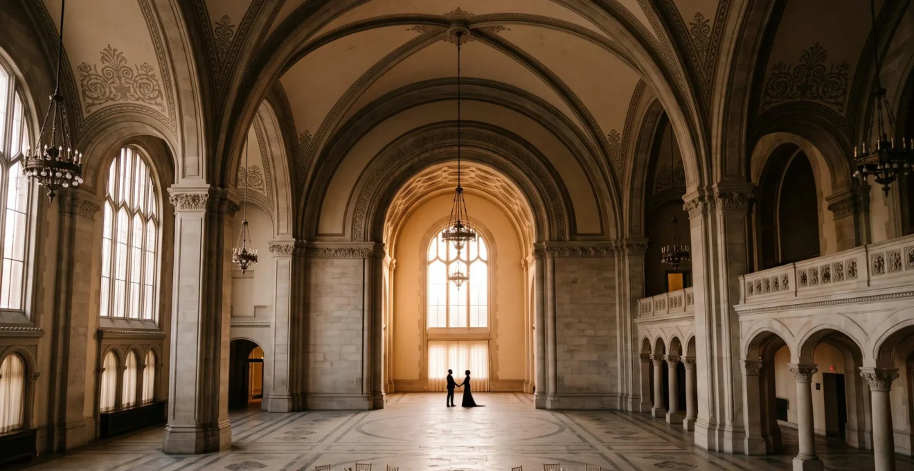 Wide editorial photograph of a grand wedding venue interior showcasing architectural scale and splendour