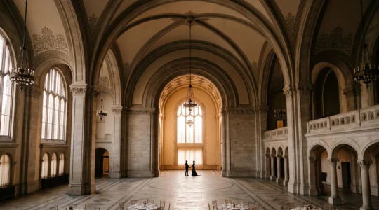 Wide editorial photograph of a grand wedding venue interior showcasing architectural scale and splendour