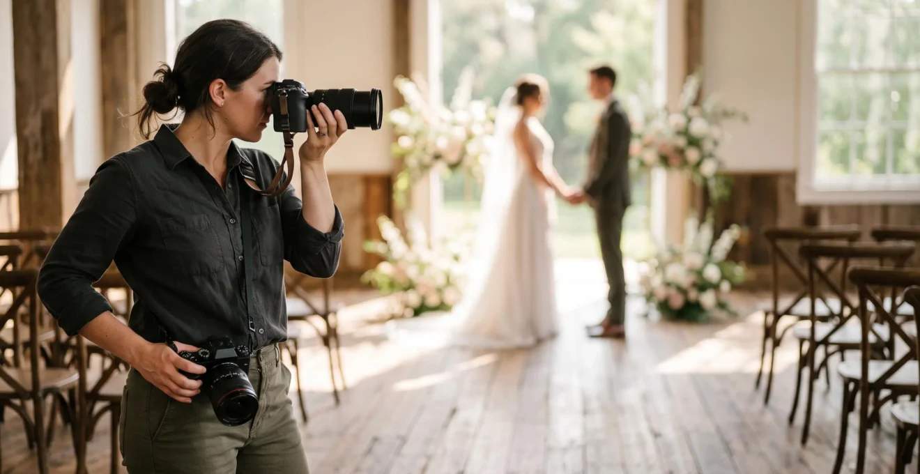 A wedding photographer capturing a candid emotional moment between a couple while a second camera with a portrait lens rests ready nearby, symbolizing the balance between reportage and directed portraiture