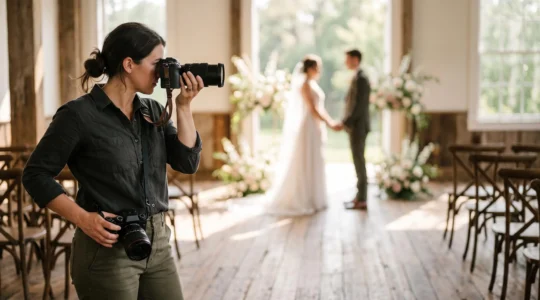 A wedding photographer capturing a candid emotional moment between a couple while a second camera with a portrait lens rests ready nearby, symbolizing the balance between reportage and directed portraiture