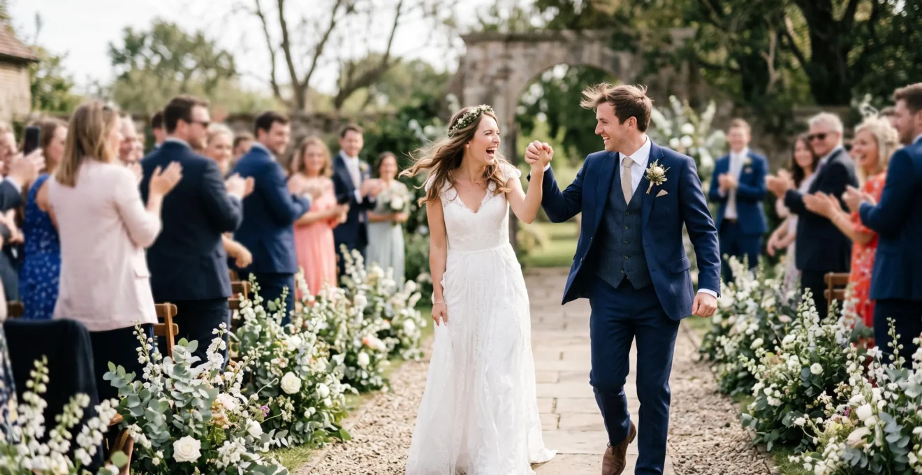 Newlywed couple laughing and moving joyfully down the aisle during their wedding recessional, captured with dynamic motion