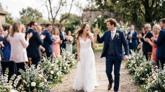 Newlywed couple laughing and moving joyfully down the aisle during their wedding recessional, captured with dynamic motion