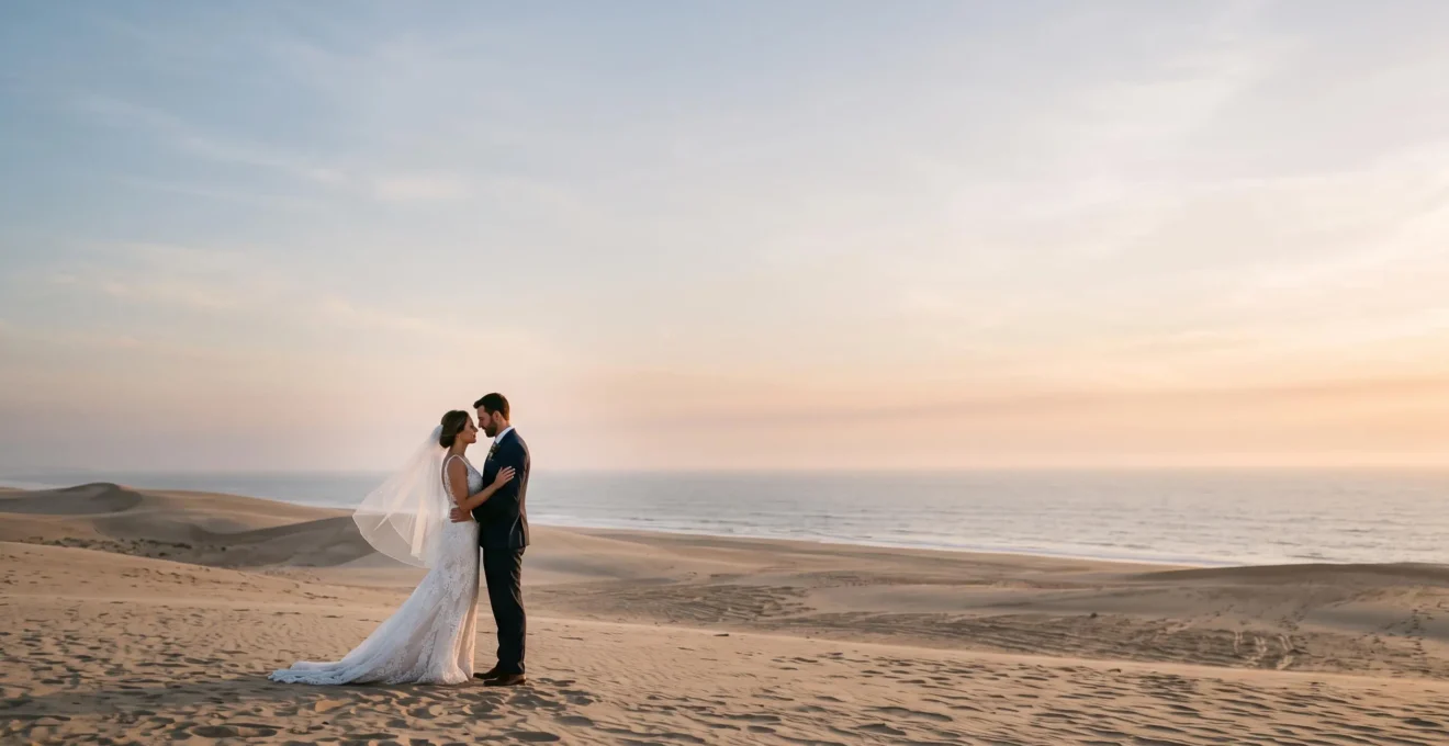 Wide editorial photograph of a wedding couple standing small within a vast, clean negative space, embodying minimalist composition with maximum emotional impact