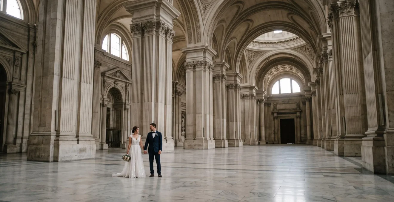 Bride and groom standing beneath a soaring cathedral-like hall, dwarfed by monumental architecture