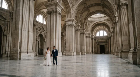 Bride and groom standing beneath a soaring cathedral-like hall, dwarfed by monumental architecture