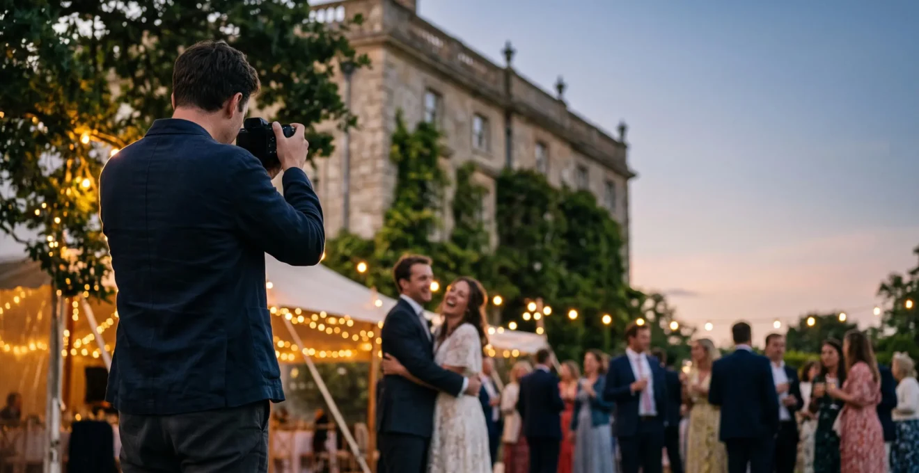 A wedding photographer discreetly capturing a short video clip of a candid, joyful moment at an elegant British countryside wedding reception
