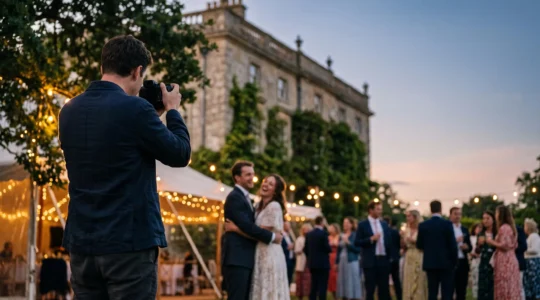 A wedding photographer discreetly capturing a short video clip of a candid, joyful moment at an elegant British countryside wedding reception