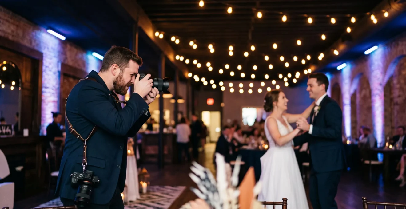 Wedding photographer capturing a warmly lit dance floor moment inside a dark reception hall, balancing ambient light and soft flash