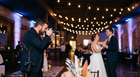 Wedding photographer capturing a warmly lit dance floor moment inside a dark reception hall, balancing ambient light and soft flash